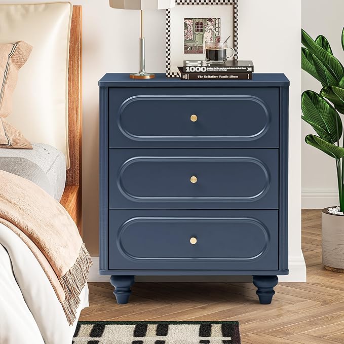 3 Drawer Fluted Dresser for Bedroom Set of 2, Mid Century Modern Chest of Drawers, Wood Storage Small Dresser Organizer for Bedroom Living Room Hallway Closet, Blue
