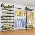 Timate S3 Wall Mounted Clothes Rack for Hanging Clothes Adjustable Width from 6'2" to 7'2", Expandable Freestanding Heavy Duty Hanging Garment Rack with 8-Tier Shoe Rack, Max Load 1050LBS, Black