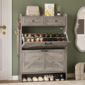 Shoe Storage Cabinet for Entryway, Farmhouse Narrow Shoe Cabinet with 2 Flip Drawers & Top Drawers, Adjustable Shelves & Hooks, Freestanding Hidden Rack Organizer for Hallway, Foyer