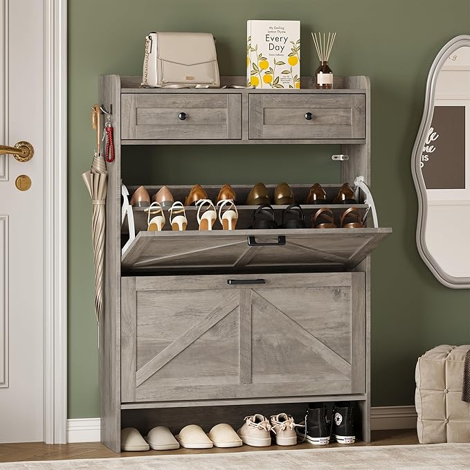 Shoe Storage Cabinet for Entryway, Farmhouse Narrow Shoe Cabinet with 2 Flip Drawers & Top Drawers, Adjustable Shelves & Hooks, Freestanding Hidden Rack Organizer for Hallway, Foyer