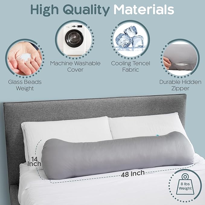 Weighted Body Pillow 8lbs - Weighted Pillow for Deeper Sleep (48" x 14") - Cooling Body Pillows for Adults, Full Body Pillow for Sleeping, Side Sleeper Body Pillows with Cover (X-Large)