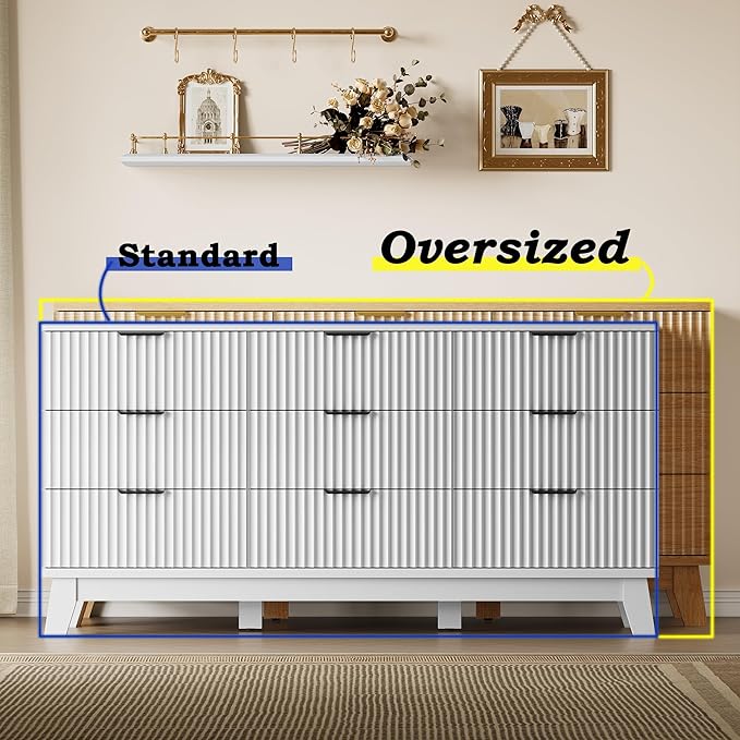 63" Long Dresser for Bedroom, 9-Drawer Fluted Dresser, Extra-Wide Wood Chest of Drawers with Smooth Metal Slides, Stable Base, Modern Clothes Storage Cabinet for Living Room, Hallway, Nursery