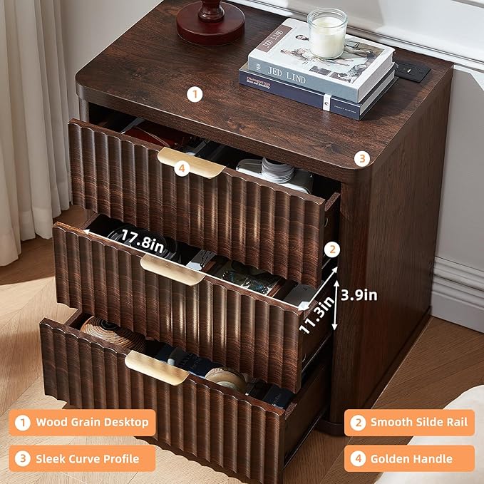LEYAOYAO Fluted Nightstand with Charging Station, 23" Wide 3 Drawers Night Stand,Walnut End Table with Open Storage,Farmhouse Bed Side Tables, Wood Dresser for Bedroom, Living Room, Closet