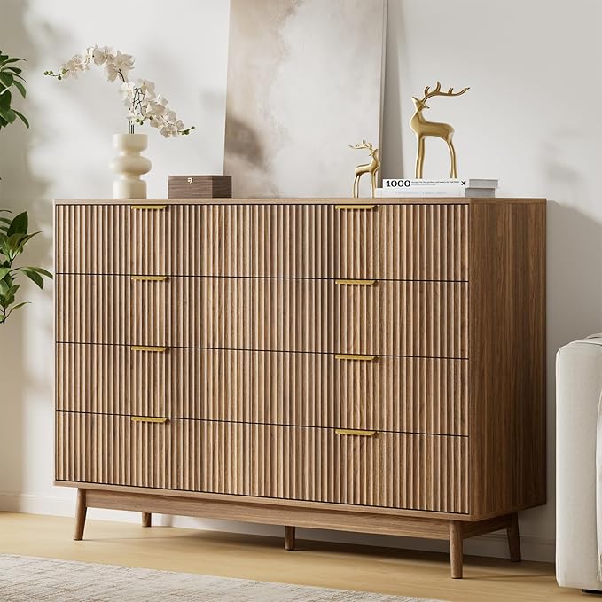 LYNSOM Fluted Dresser and Nightstand Sets 3 Piece, 9-Drawers Dresser and 1-Drawer Nightstands Set of 2, Wood Bedroom Furniture Set for Home, Bedroom, Hallway, Walnut