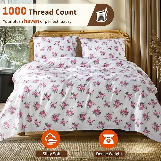 LBRO2M 1000 Thread Count Sheets 100% Egyptian Cotton Bedding Set Floral Queen Size 16 Inches Deep Pocket Bedding 4 Piece Sets (Queen, Peony)