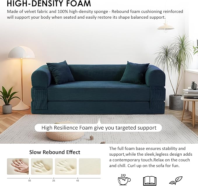 80" Convertible Sofa Bed, Corduroy Deep Seat Folding Pull Out Couch with Pillows, No Assembly Modern Boneless Couch Compression Sofa in Box, Floor Sofa with Storage Pocket for Living Room,Dark Blue