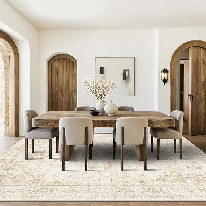 9x12 Vintage Washable Area Rugs Boho Medallion Large Distressed Retro Accent Carpet Floral Non-Slip Soft Low Pile Indoor Throw Rug for Living Room Bedroom Dining Room Office Kitchen, Beige