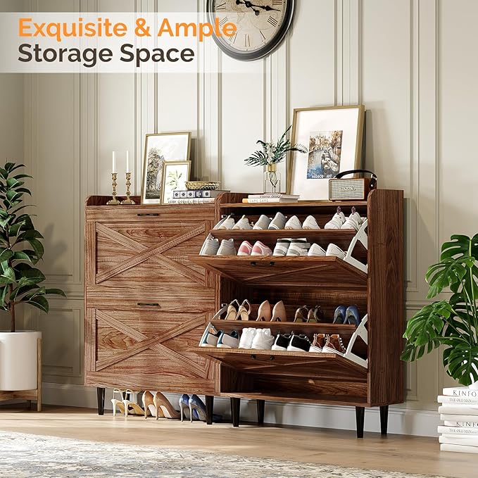 VINGLI Shoe Storage Cabinet for Entryway with 2 Flip Drawers, Ultra Slim Freestanding Entryway Shoe Organizer with Wood Tapered Legs,Hidden Closed Shoe Rack,31.6" W * 9.4" D * 39.4" H, Walnut