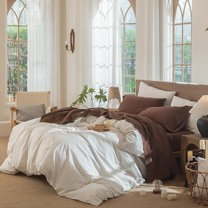 MooMee Bedding Sheet Set 100% Washed Cotton Linen Like Textured Breathable Durable Soft Comfy (Solid Cocoa Brown, Twin)