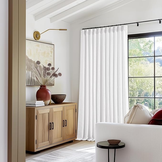 Pinch Pleated Extra Wide Linen Curtains 120 Inches Long for Patio Sliding Glass Door White 70 Inch Wide Pleated Drapes with Hooks Rings Neutral Natural Semi Sheer 70x120 Curtain for Living Room