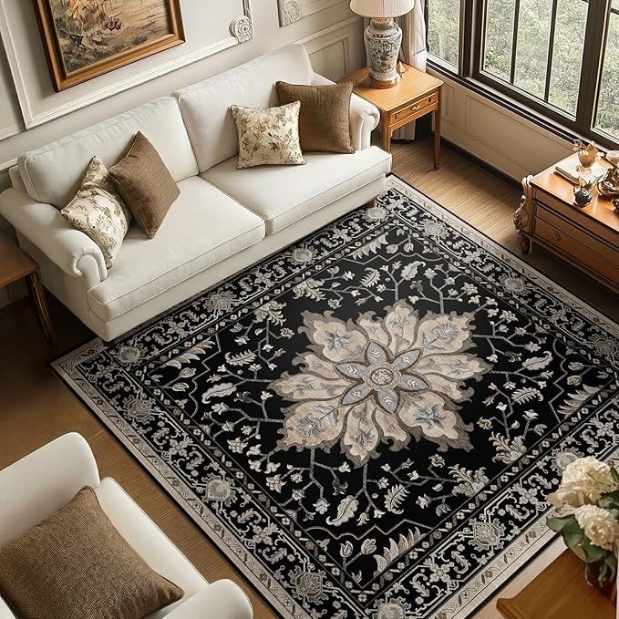 Area Rugs Square 6ft Washable Non-Slip, Floral Vintage Distress Print Pattern Medallion Carpet for Living Room Bedroom Dining Room, Black Brown Neutral Dark Tan