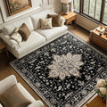 Area Rugs Square 6ft Washable Non-Slip, Floral Vintage Distress Print Pattern Medallion Carpet for Living Room Bedroom Dining Room, Black Brown Neutral Dark Tan
