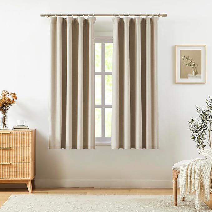 Vision Home Sand Linen Full Blackout Curtains for Bedroom Living Room Darkening Soundproof Window Curtains 63 inch Thermal Insulated Rod Pocket Back Tab Rustic Drapes 2 Panels 56" Wx63 L