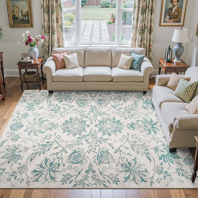 jinchan Torino Floral 8x10 Area Rugs Vintage-Inspired Design Accent Living Room Rug Machine Washable Ultra-Thin Low-Pile Non-Slip Traditional Carpet for Bedroom Dining Room Home Office