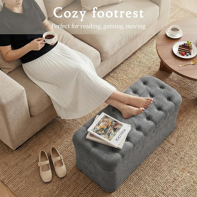 ONBRILL Storage Ottoman Bench, End of Bed Bench, 39.8 x 18.1 x 17.7 Inches Pouf Ottoman Foot Rest, Storage Benches Chest for Bedroom Entryway Living Room, Max 330 lbs, Grey