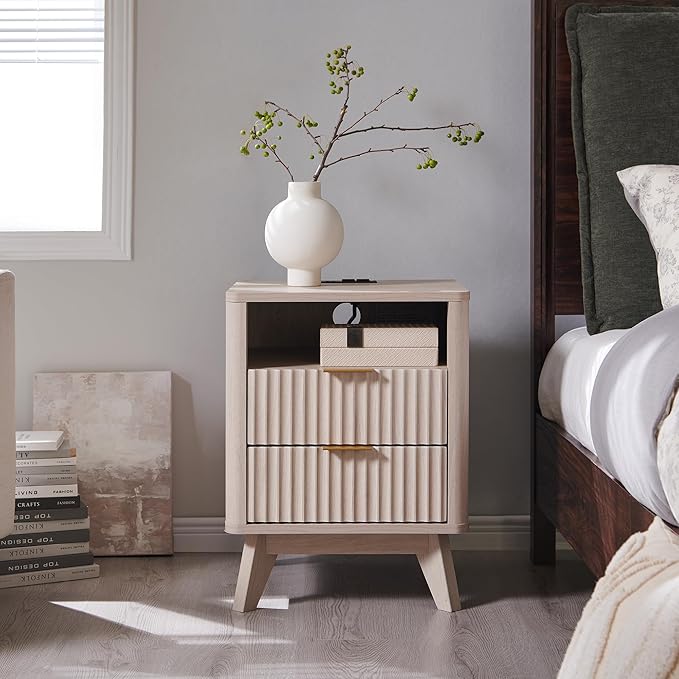 T4TREAM Fluted Nightstand with Charging Station, 18" Modern Side Table with 2 Drawers, End Table w/Storage, Bedside for Bedroom, Living Room, Curved Profile Design, White Alder