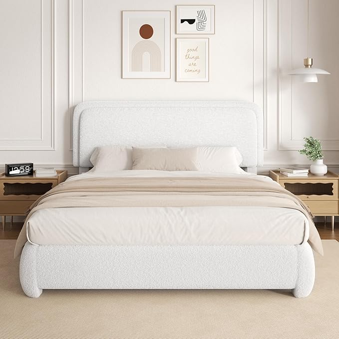 Full Size Boucle Platform Bed Frame, Upholstered Cloud with Adjustable Headboard, Anti-Collision Soft Rounded Corners, No Box Spring Required, Easy Assembly, Noise Free