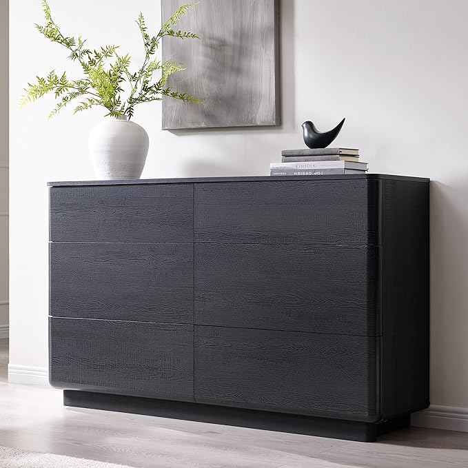 ACCOHOHO Modern 6 Drawer Dresser for Bedroom, 52" Wide Wooden Dressers with Large Storage,Handleless Chest of Drawers TV Stand for Living Room & Hallway, Curved Profile Design, Black
