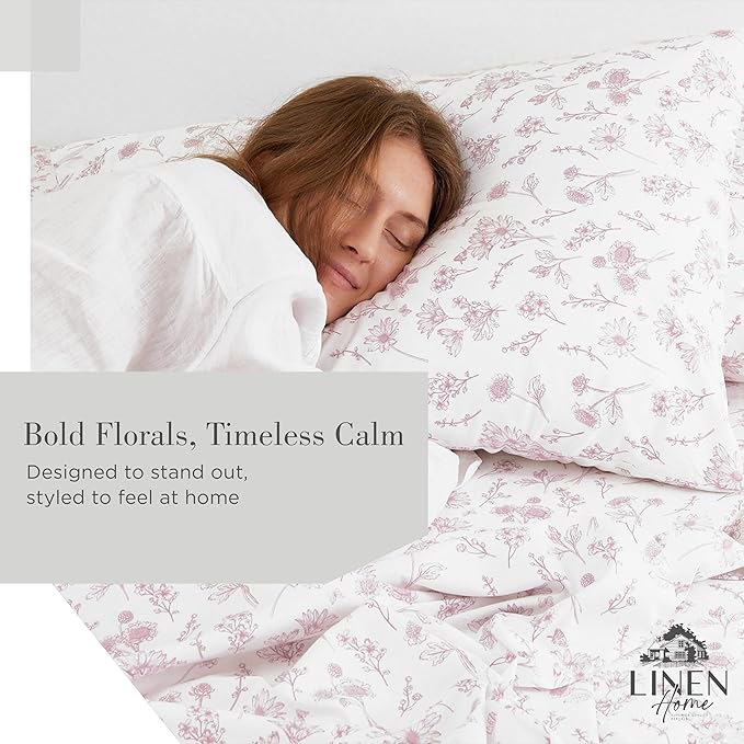 Linen Home 100% Cotton Printed Percale Sheets California King Size, Deep Pocket, 4 Pieces Set - 1 Flat, 1 Deep Pocket Fitted Sheet and 2 Pillowcases, Crisp Cool Bed Linen, Grey Botanical Floral