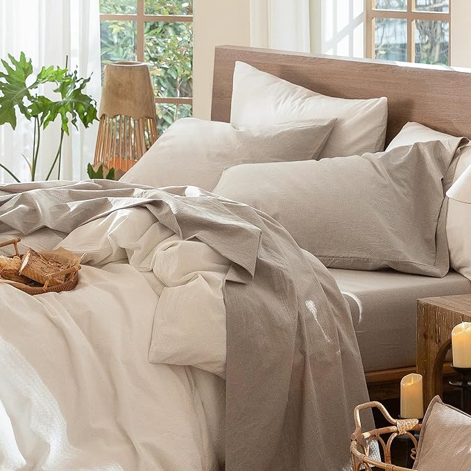 MooMee Bedding Sheet Set 100% Washed Cotton Linen Like Textured Breathable Durable Soft Comfy (Heathered Tannish Linen Grey, California King)