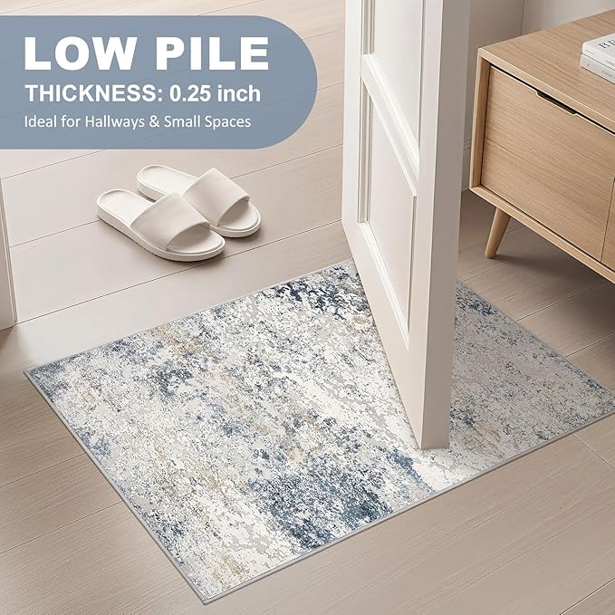 2x3 Entryway Area Rug: Washable Neutral Modern Abstract Small Rug - Non-Slip Low Pile Throw Indoor Carpet for Entrance Kitchen Front Door Mat Bathroom Entry Kids Room - Beige Blue