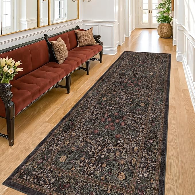 Dark Brown 2'6" x 8' Runner Rug for Hallways Non Slip, Extra Long Floor Runner for Kitchen, Entryway Indoor, Washable Rubber Backing Stain Resistant - Vintage Dark Green Botanical Floral Décor