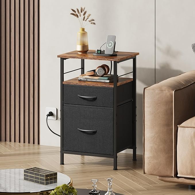 WLIVE Nightstands Set of 2, Night Stand Set 2 with Charging Station, Bedside Tables for Bedroom, Side Table with 2 Fabric Drawers, Small Dresser, USB Ports and Outlets, Black and Rustic Brown