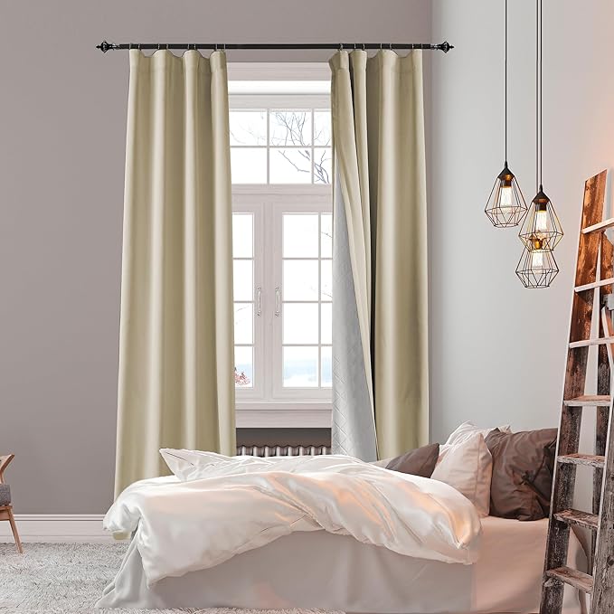 100% Blackout Thermal Insulated Curtains, 3 Layers Noise Absorbing, Soundproof Back Tab Drapes for Sliding Glass Door Baby Nursery Bedroom with Hooks, Beige 50x108 Inch Set of 1