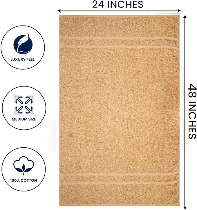 Basic Medium Bath Towels 24x48 Inches – Pack of 6 – Beige Color – Soft and Absorbent Multipurpose Cotton Towels for Bathroom, Spa, Gym, Salon, Hotel, Clinics and Everyday Use