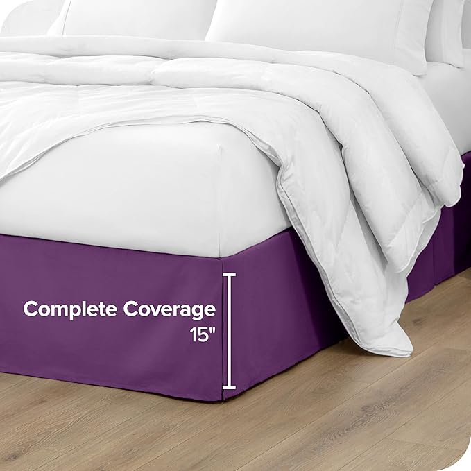 Bare Home Queen Bed Skirt - 15-Inch Tailored Drop Easy Fit - Bed Skirt for Beds - Center & Corner Pleats (Queen, Plum)