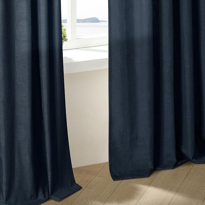Dark Blue Linen Curtains 102 Inches Long for Living Room Pinch Pleated Drape with Hooks Rings for Track System Light Filtering 102 Inch Curtain for Bedroom Sliding Patio Door 2 Panels Navy Indigo