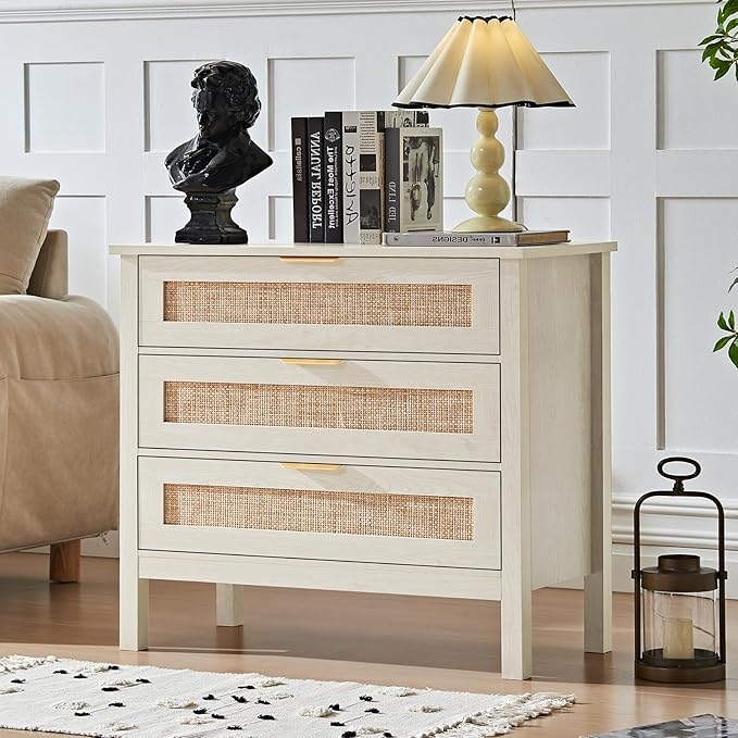 LEYAOYAO 31.5" Wide Rattan Nightstand, Large Boho 3 Drawer Night Stand, Grey White Bedside Table with Storage, Tall Bed Side End Tables, Chest of Drawers Dressers for Bedroom, Living Room, Hallway