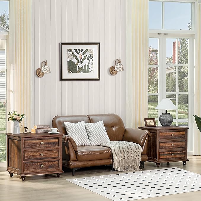 24" Wide Farmhouse Night Stand Set of 2,Large End Table with 3 Drawers & Metal Handle,Wood Dresser for Bedroom,Bed Side Table Chest of Drawers Cabinet,Brown Nightstand for Living Room,Closet