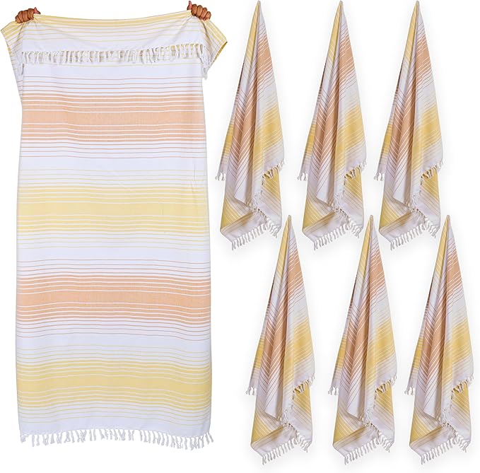 Native Fab Turkish Stripe Beach Towels - Set of 6 - Extra Large 40x71 Inch - 100% Cotton Quick Dry Lightweight Thin Sand Free - Hammam Towel for Adults, Bath, Spa, Pool, Camp - Yellow