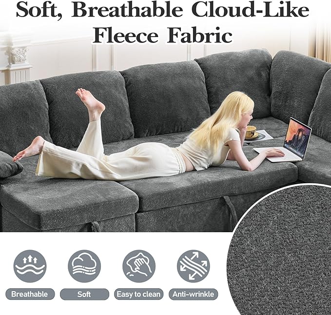 VINGLI Convertible Sofa Bed Couches for Living Room, Sleeper Sofa with Pull Out Couch Bed, Cloud-Like Plush Fleece U-Shape Sectional Couch with Storage Chaise, USB Charging, Side Pockets