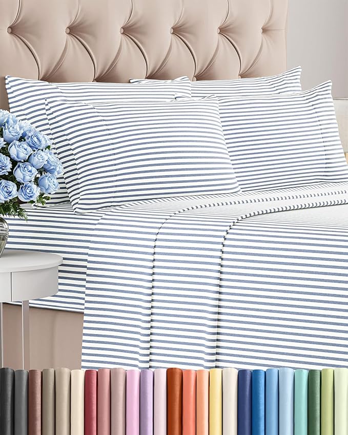 Queen 6 Piece Sheet Set - Cooling, Comfy & Breathable - Hotel Luxury Bedding, Includes Fitted Sheet for Women, Men, Kids & Teens - 1 Flat, 1 Fitted Sheet, 4 Pillowcases w/Deep Pockets - Blue Stripes