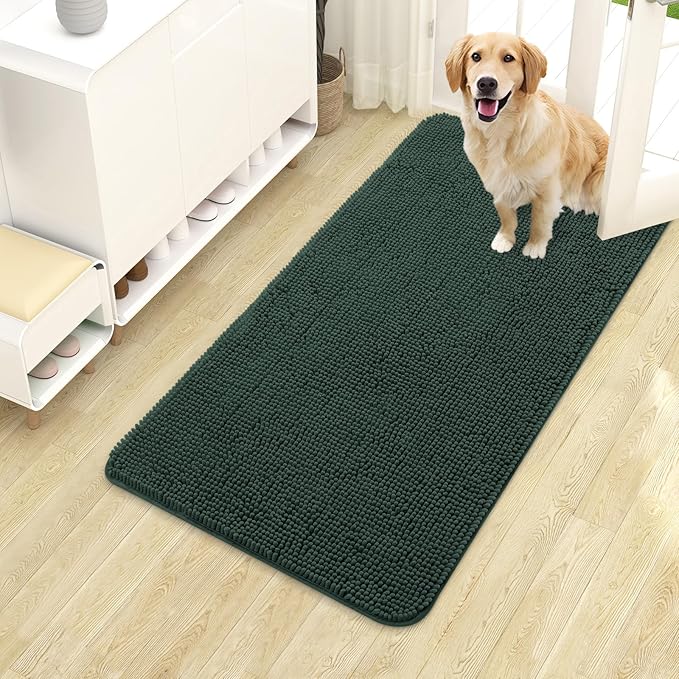 OLANLY Dog Door Mat for Muddy Paws 40x24, Absorbs Moisture and Dirt, Absorbent Non-Slip Washable Doormat, Quick Dry Chenille Mud Mat, Entry Indoor Entryway Carpet for Inside Floor, Blackish Green