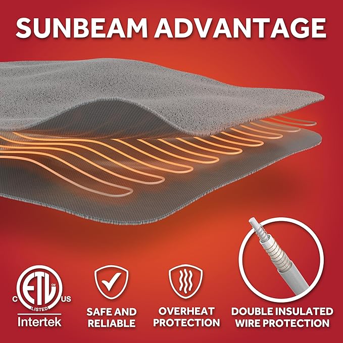 Sunbeam Electric Royal Luxe Microplush Heated Blanket, 12 Heat Settings, 12-Hour Auto Shut-Off, Fast Heating, Warm and Cozy, Cadet Blue Color, King (90" x 100")