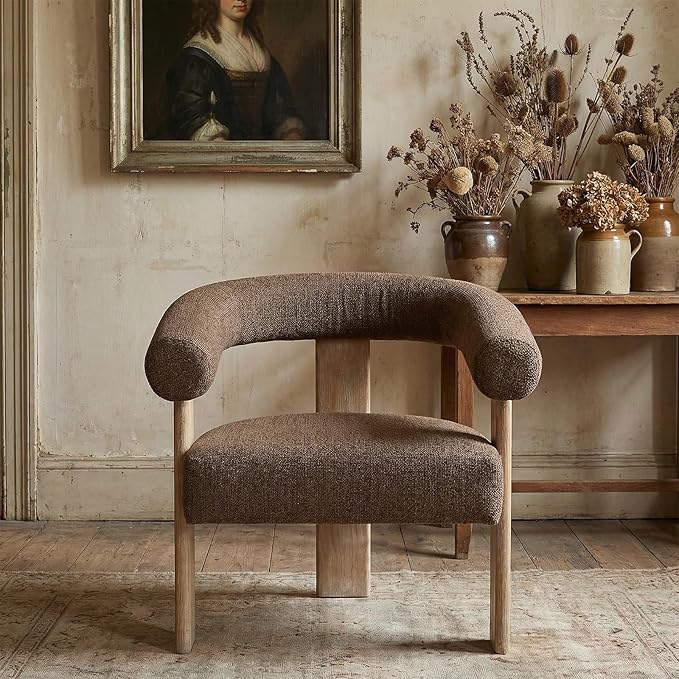 VKNOW Accent Chair Living Room Chair, Modern Upholstered Arm Chair with Solid Wood Legs, Comfy Barrel Accent Chair for Living Room, Bedroom, Brown