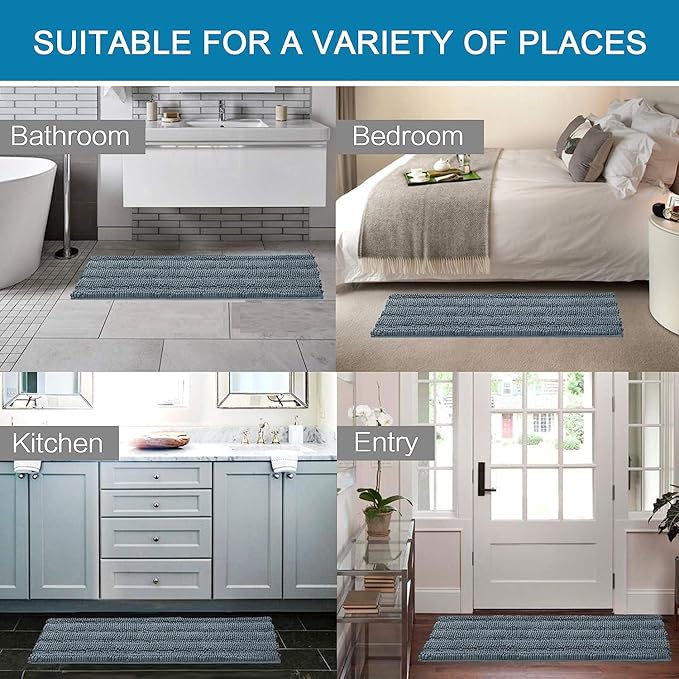 H.VERSAILTEX 2 Piece Bathroom Set - Absorbent Chenille Bath Mats & Non-Skid Machine Washable Rugs (Stone Blue, 47 x 17 Plus 17 x 24 - Inches)