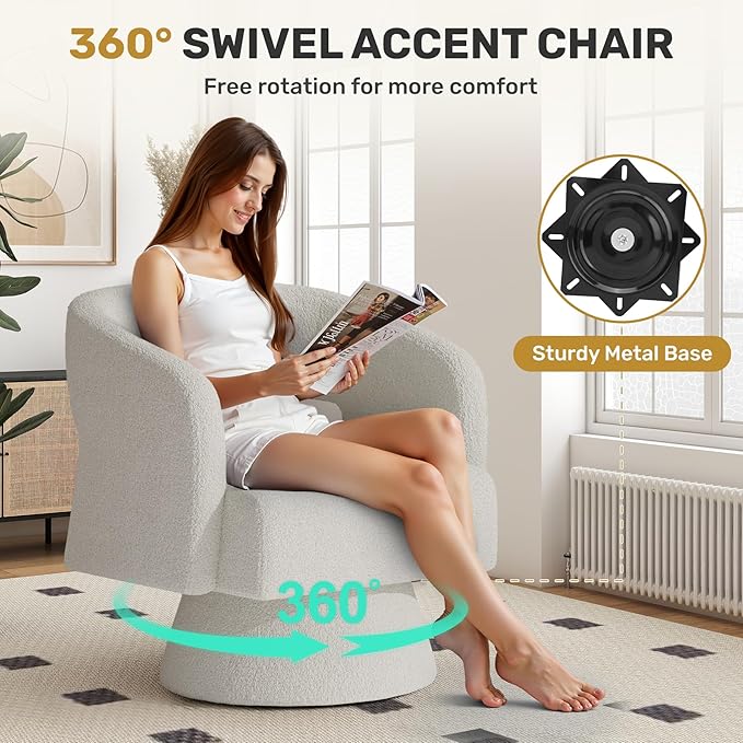 Swivel Accent Chair Set of 4, Modern Comfy Teddy Barrel Chairs, Oversized Upholstered Round Arm Chair for Living Room, Bedroom, Reading Room, White