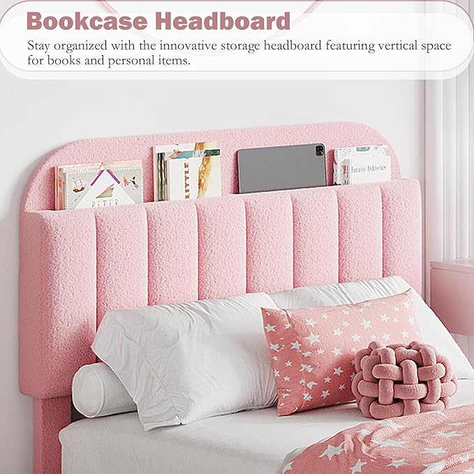 Jojoka Queen Bed Frame with Storage Headboard and 2 Drawers, Boucle Upholstered Platform Bed, Modern Girls Bed Frames for Rooms, No Box Spring Needed, Easy Assembly, Light Pink