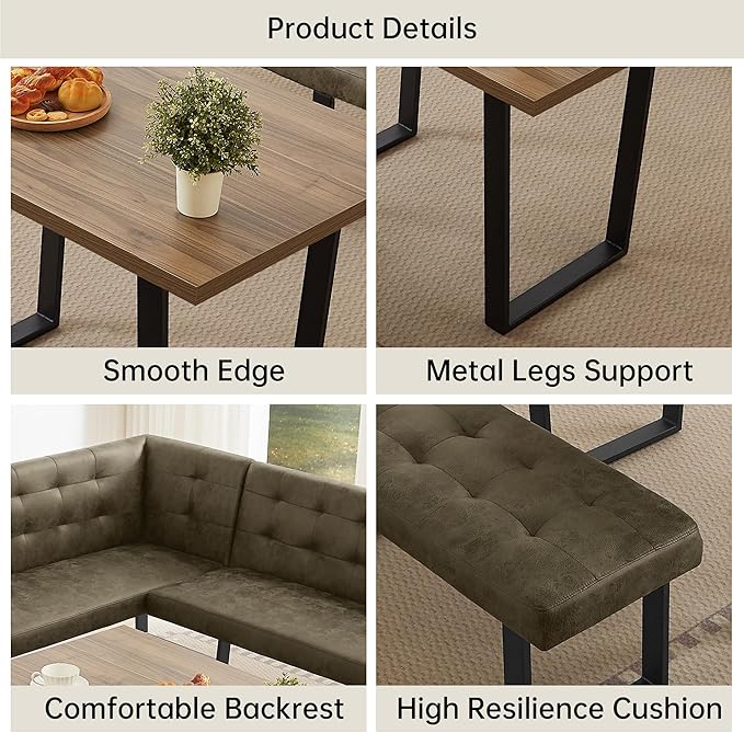 3-Piece Corner Dining Table Set with Bench, 70 Inch Space-Saving Breakfast Nook for Kitchen & Dining Room(Walnut Table+Right Seat Brown Bench)