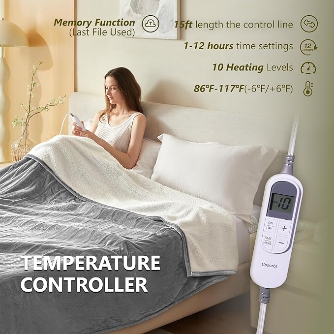 Heat Blanket 62”x84” Twin Size,Soft Flannel & Sherpa Reversible Electric Blanket with 10 Heat Settings,12 Timer Setting and 8 Hours Auto-Shut Off,ETL Certified Machine Washable,Light Grey