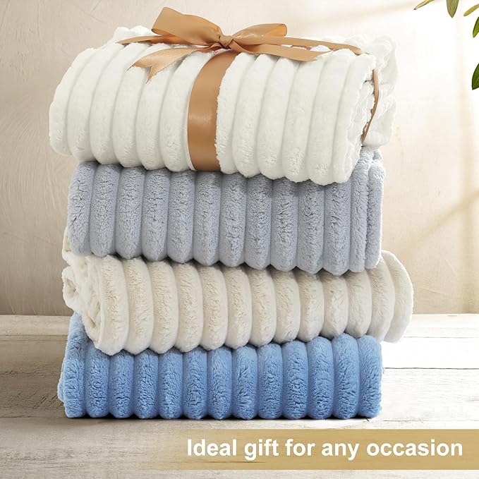 decorUhome Christmas Soft Fleece Blue Grey Twin Blanket for Bed, Cozy Fluffy Plush Flannel Striped Throws for Couch Sofa, Lightweight Decorative Ribbed Fuzzy Blanket for Woman, 60x80 Inches