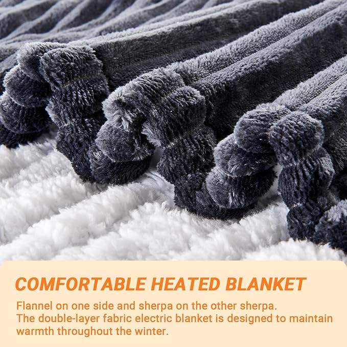 Heated Blanket Electric Full, Soft Flannel Heating Blanket with 8 Hours Auto Off 10 Fast Heating Levels Machine Washable Sherpa Heated Blanket with Overheating Protection