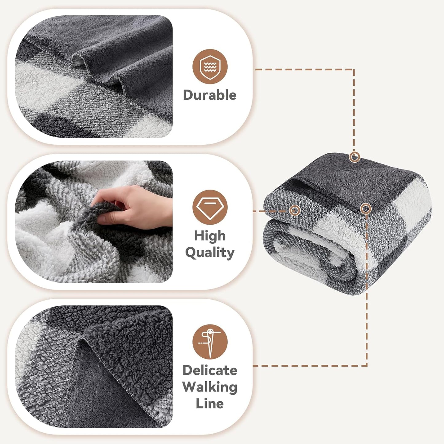 LURKA Checkered Sherpa Fleece Throw Blanket - Extra Thick and Warm Winter Soft Fuzzy Plush Blanket for Couches, Beds & Pets, Smoke Grey, 50x60 Inches