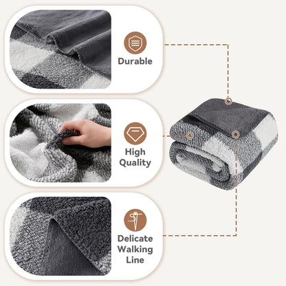 LURKA Checkered Sherpa Fleece Twin-Size Bed Blanket - Extra Thick and Warm Winter Soft Fuzzy Plush Blanket for Couches, Beds & Pets, Smoke Grey, 60x80 Inches