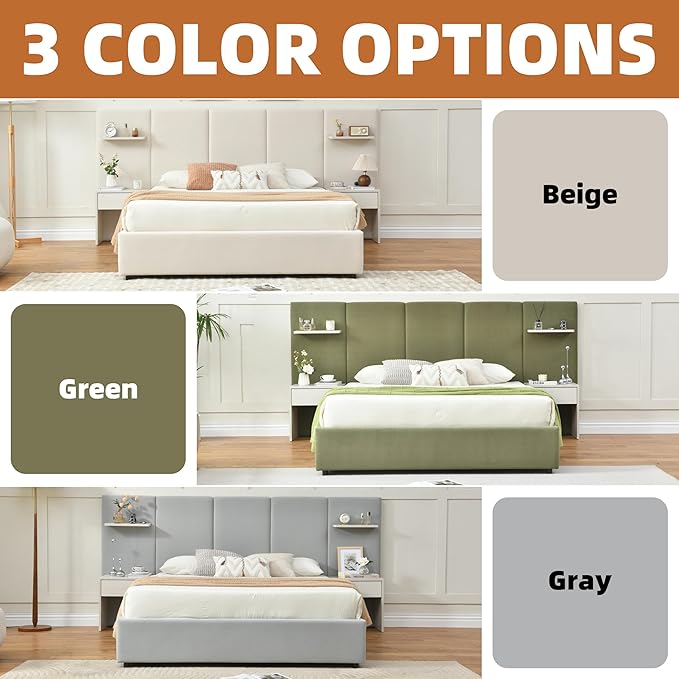 Queen Bed Frame with Storage & Built-in Nightstands, Velvet Upholstered Platform Bed Frame with Drawers & 2 Floating Storage Shelves, Noise-Free, No Box Spring Needed, Easy Assembly, Gray