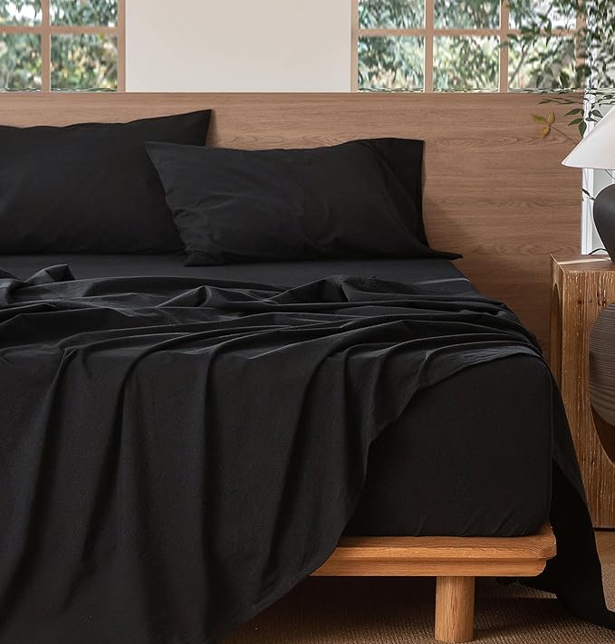MooMee Bedding Sheet Set 100% Washed Cotton Linen Like Textured Breathable Durable Soft Comfy (Solid Black, King)